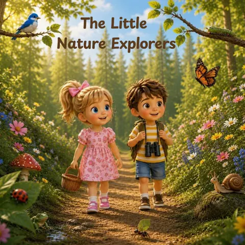 Mia and Teo on a walk in the forest, the cover of a picture book