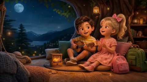Teo spiller ukulele og Mia synger om kvelden