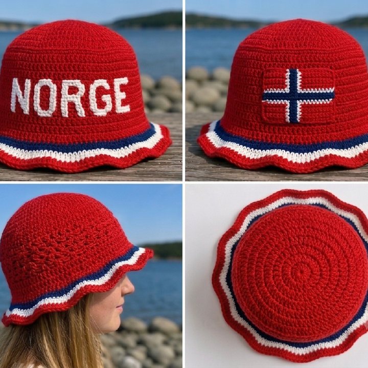 NORGE-bøttehatt, heklet